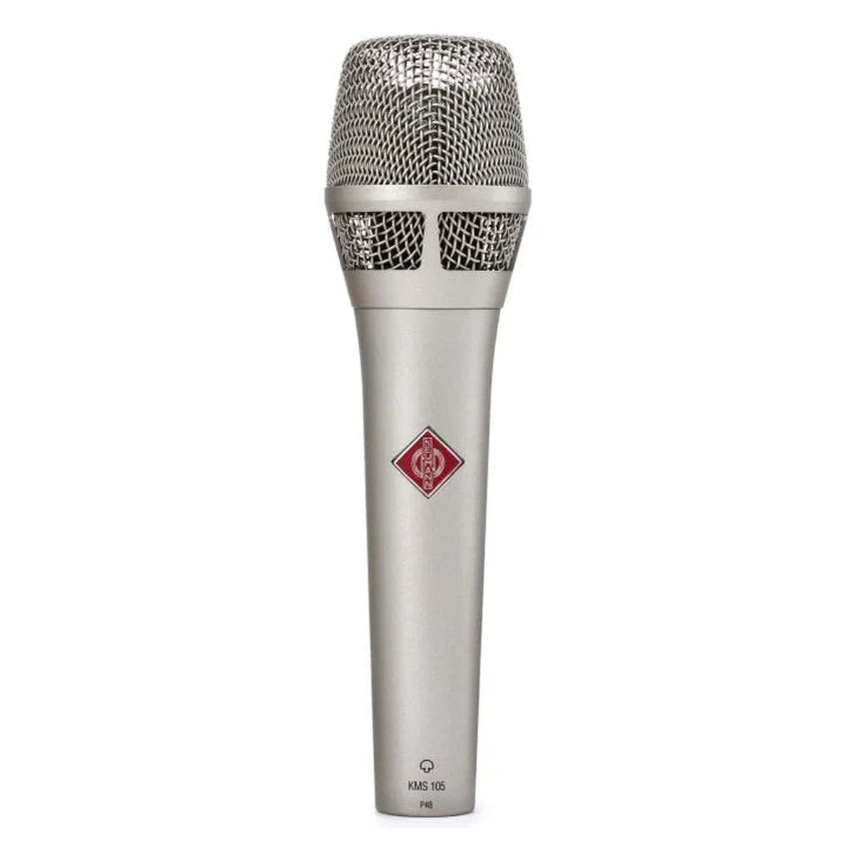 Neumann KMS 105 condenser microphone with black body and silver grille for professional vocal recording.