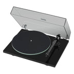 Pro-Ject T1 EVO turntable with sleek black finish, tonearm, and platter, showcasing modern audio equipment design.