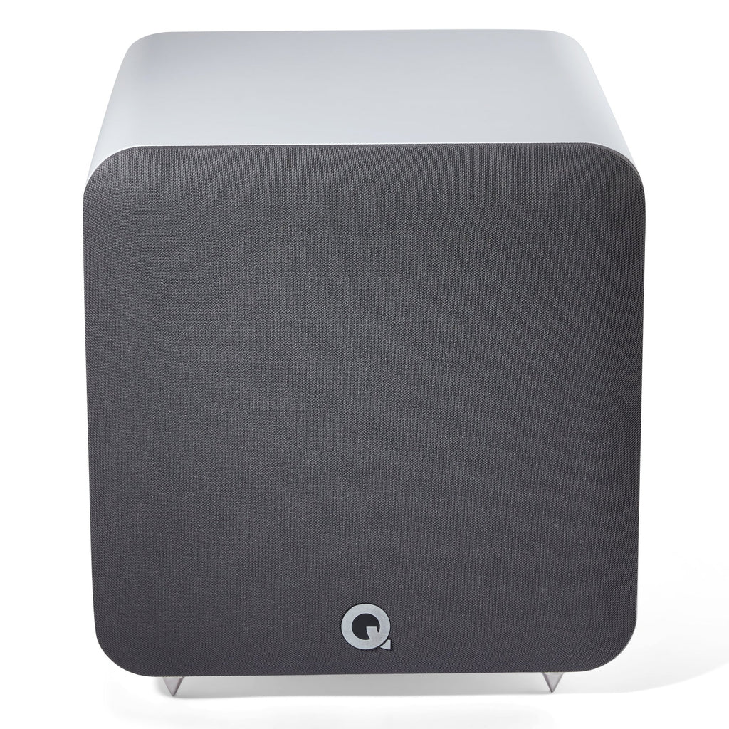 Q Acoustics Q SUB80 subwoofer with black enclosure and front-firing driver, designed for deep bass in home audio systems.