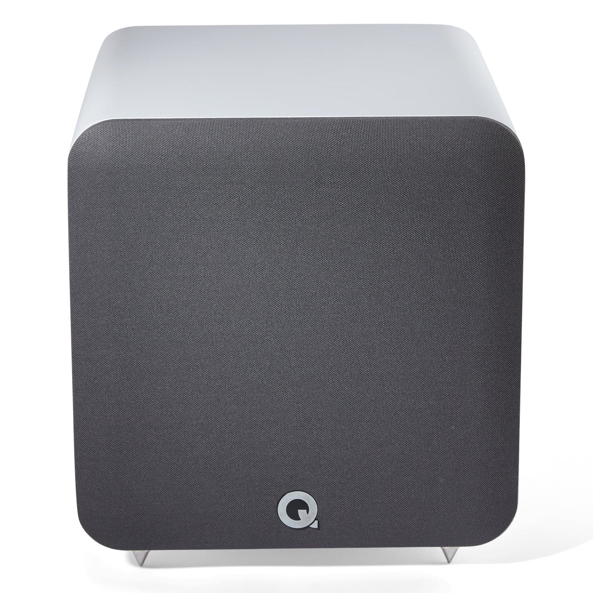 Q Acoustics Q SUB80 subwoofer with black enclosure and front-firing driver, designed for deep bass in home audio systems.