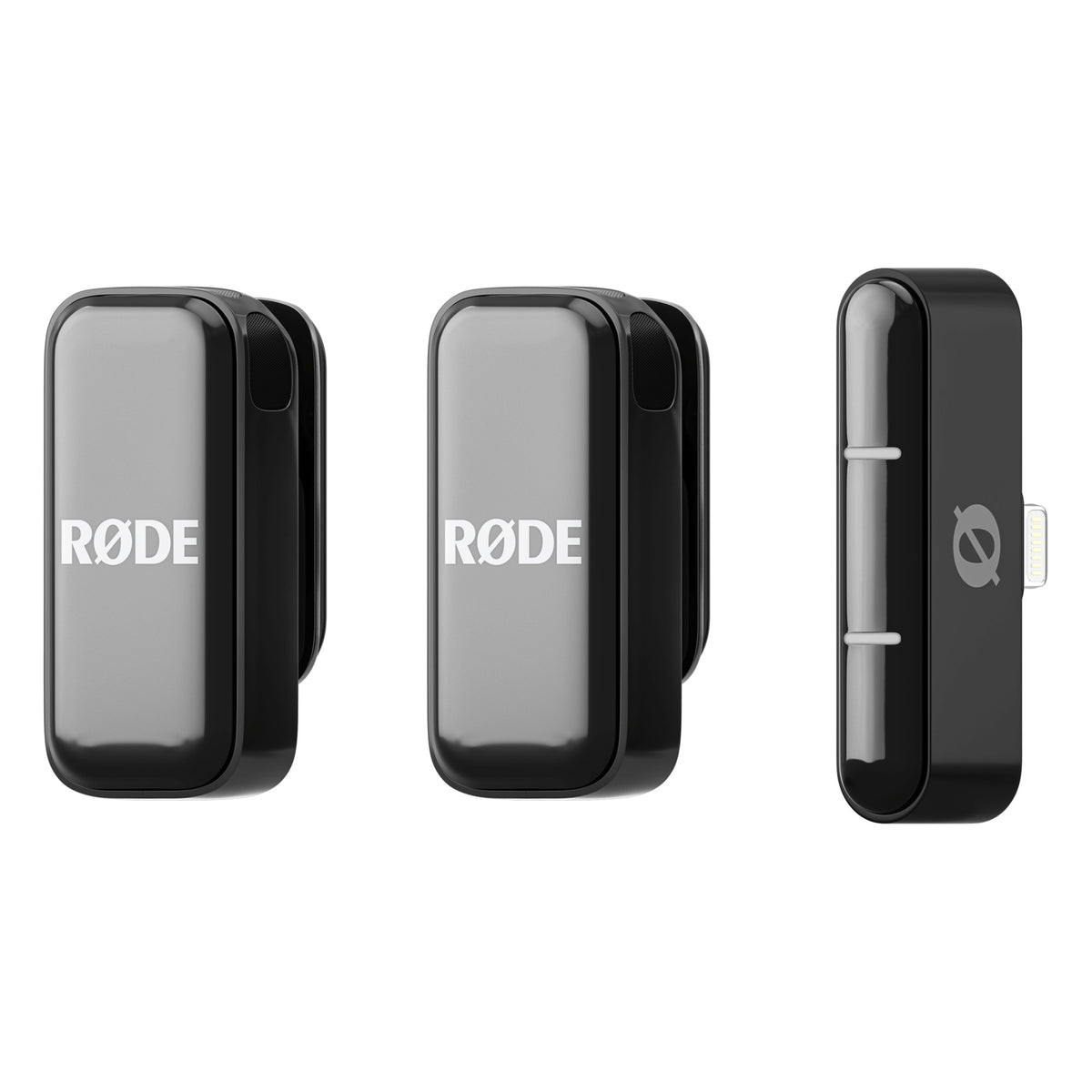 Rode Wireless Micro Lightning wireless microphone system with compact transmitter and receiver for high-quality audio recording.