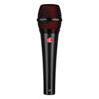 Black sE Electronics V7 dynamic microphone with a sleek design, shown from the front view on a product display.