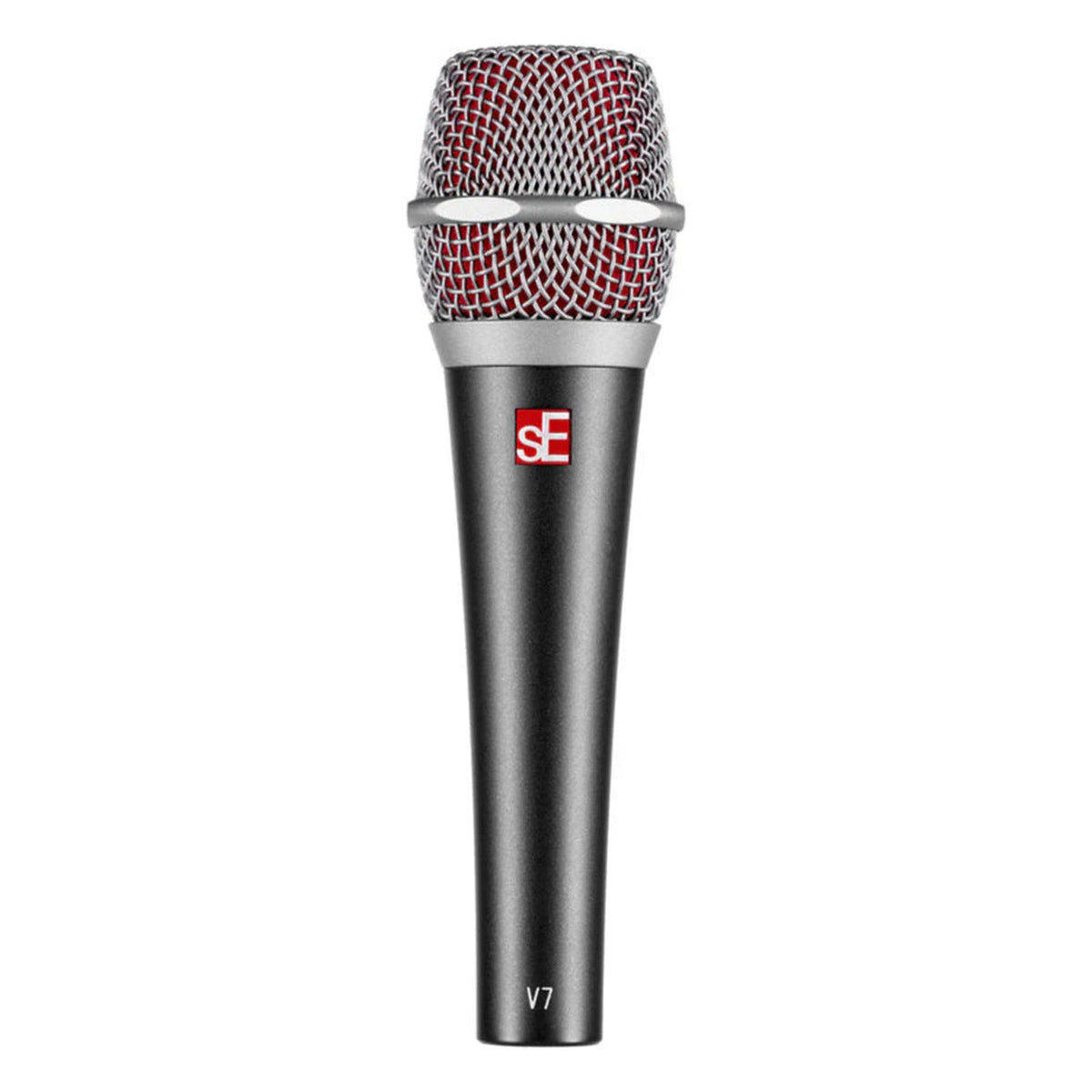 SE Electronics V7 dynamic microphone without switch, showing black body and grille for professional vocal and instrument recording.