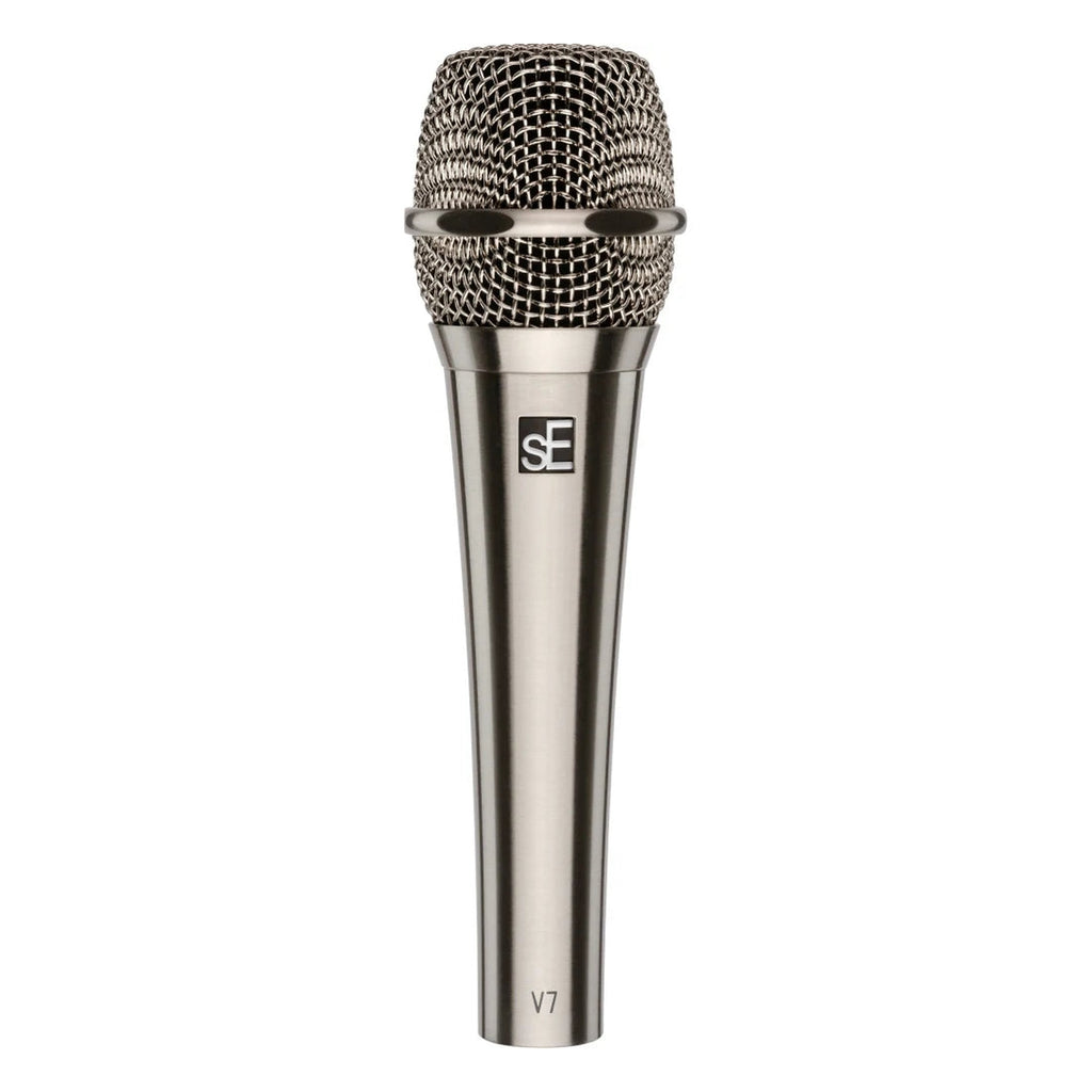 sE Electronics V7 dynamic microphone without switch, showing a professional-grade microphone with a black grille and body.