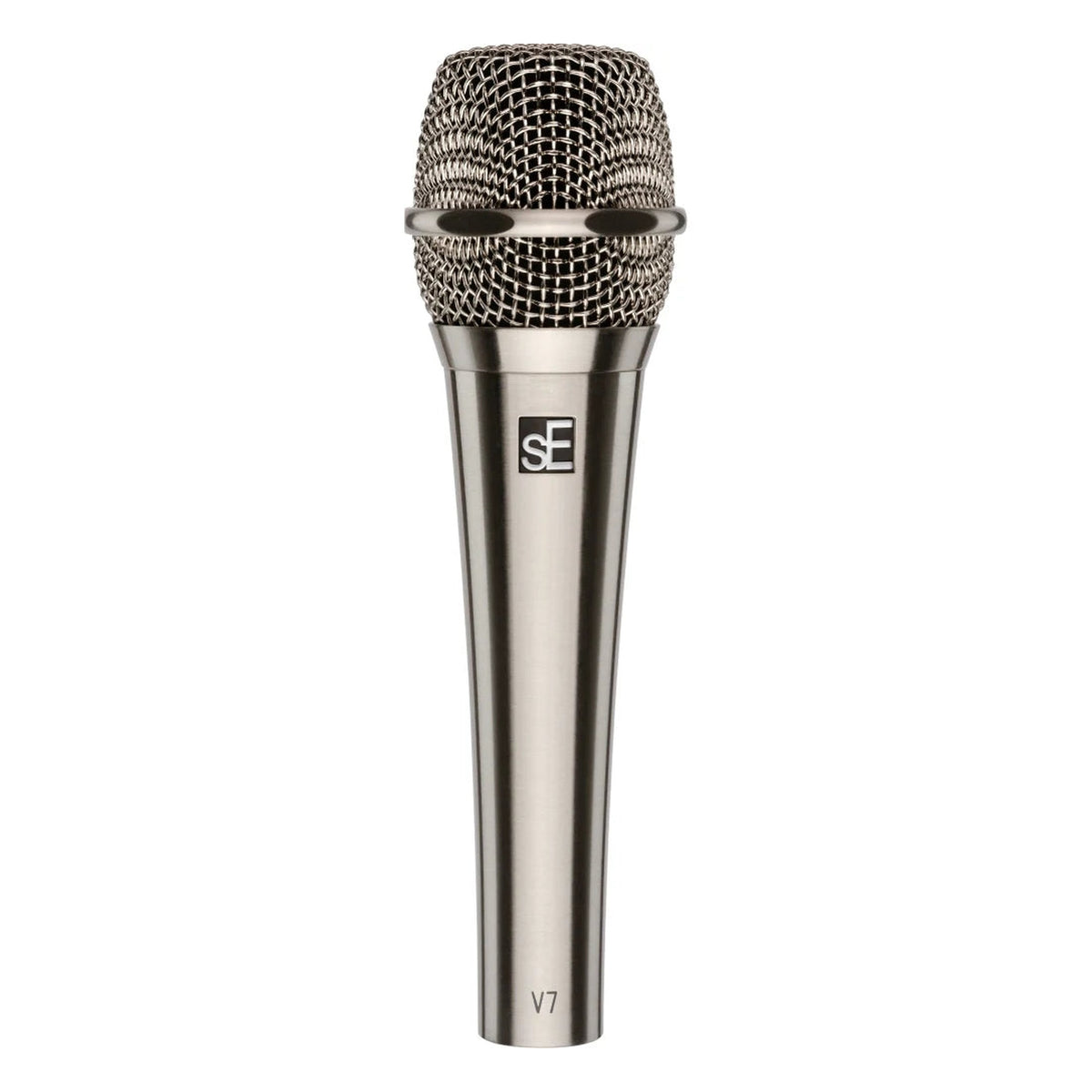 sE Electronics V7 dynamic microphone without switch, showing a professional-grade microphone with a black grille and body.