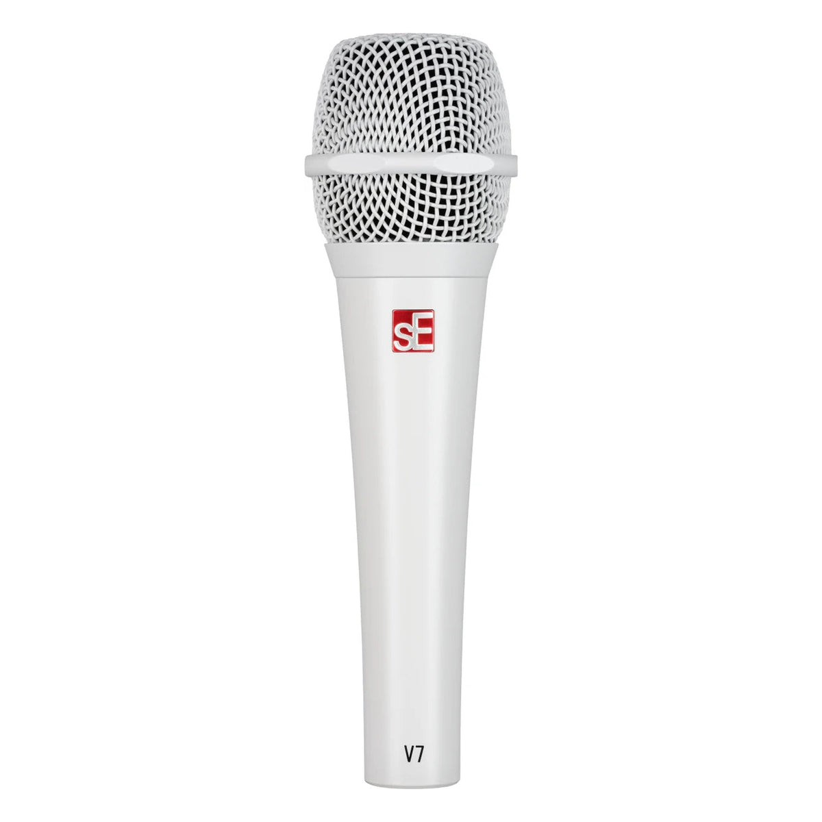 sE Electronics V7 dynamic microphone without switch, showing its professional metal grille and black body on a neutral background.