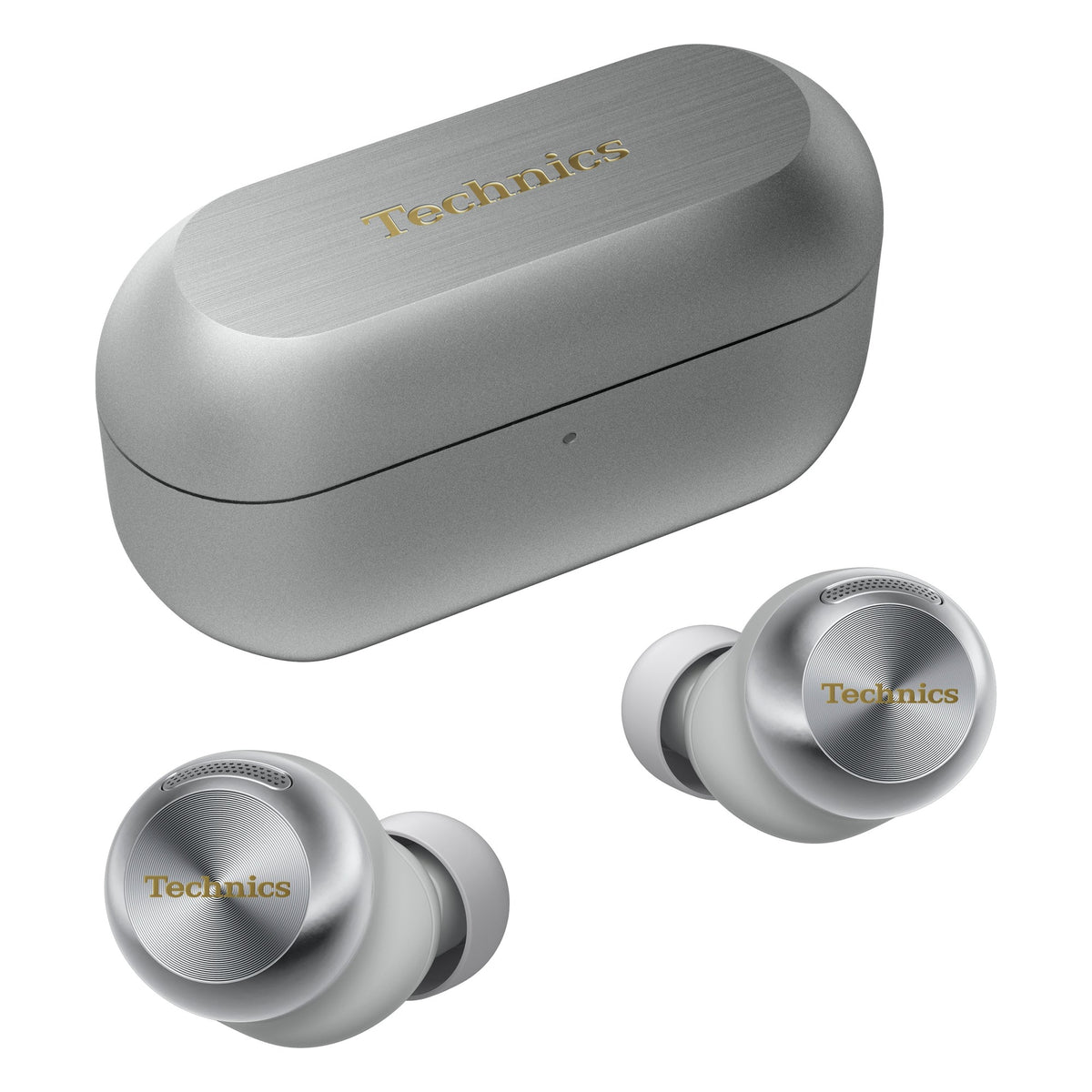 Technics EAH-AZ100 true wireless earbuds, in silver, with charging case