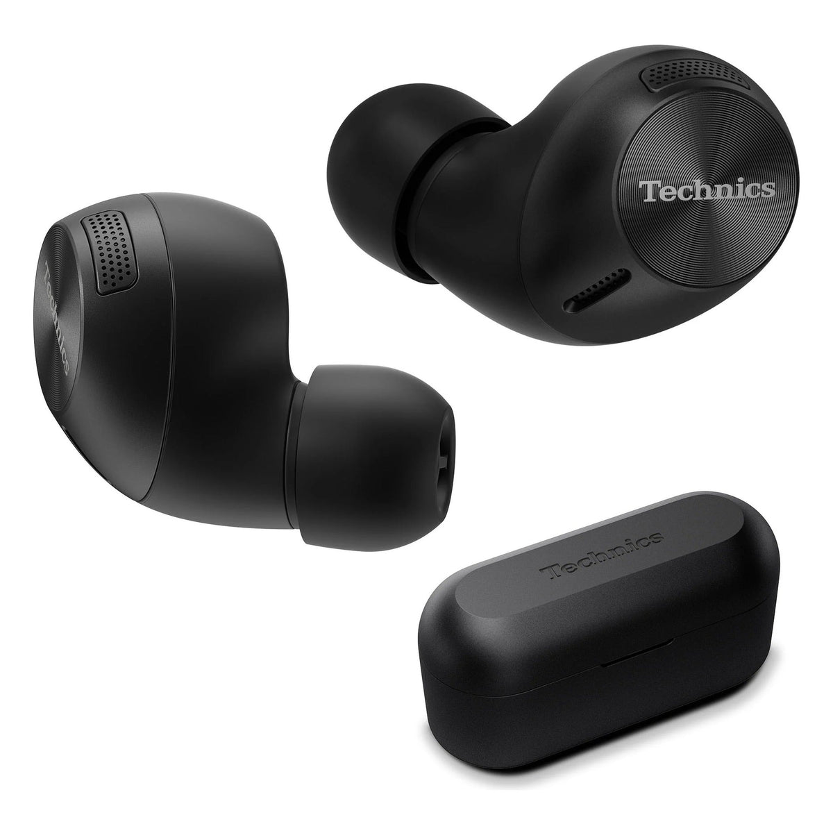 Wireless in-ear headphones by Technics, model EAH-AZ40M2, shown in black with sleek design and in-ear earbuds.
