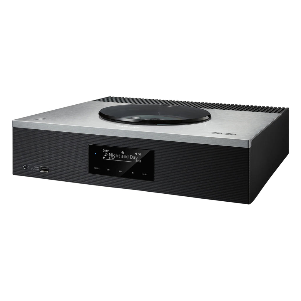 Technics SA-C600 stereo amplifier with control knobs, display screen, and input ports on a sleek black finish.