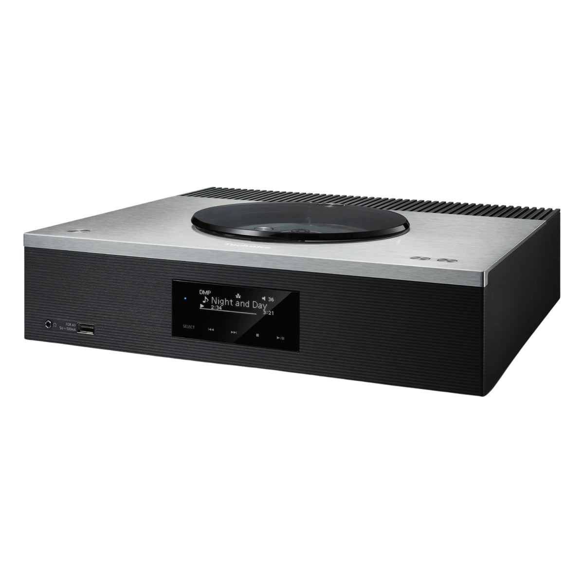 Technics SA-C600 stereo amplifier with control knobs, display screen, and input ports on a sleek black finish.