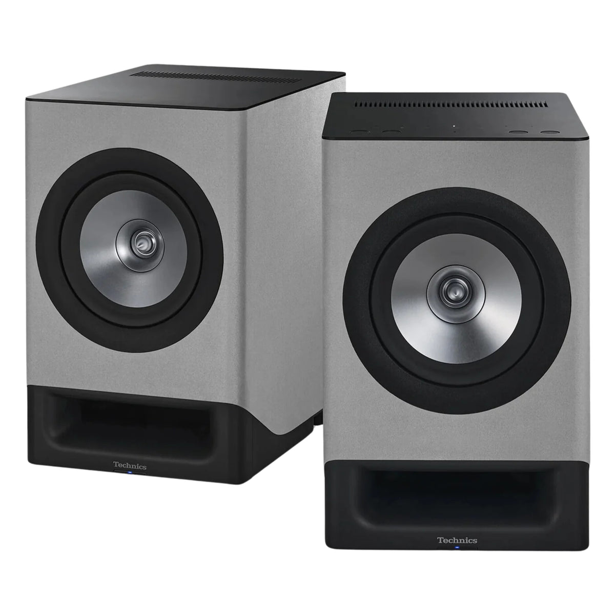 Technics SC-CX700 active bookshelf speakers with sleek black finish, showcasing their compact design and speaker grille.