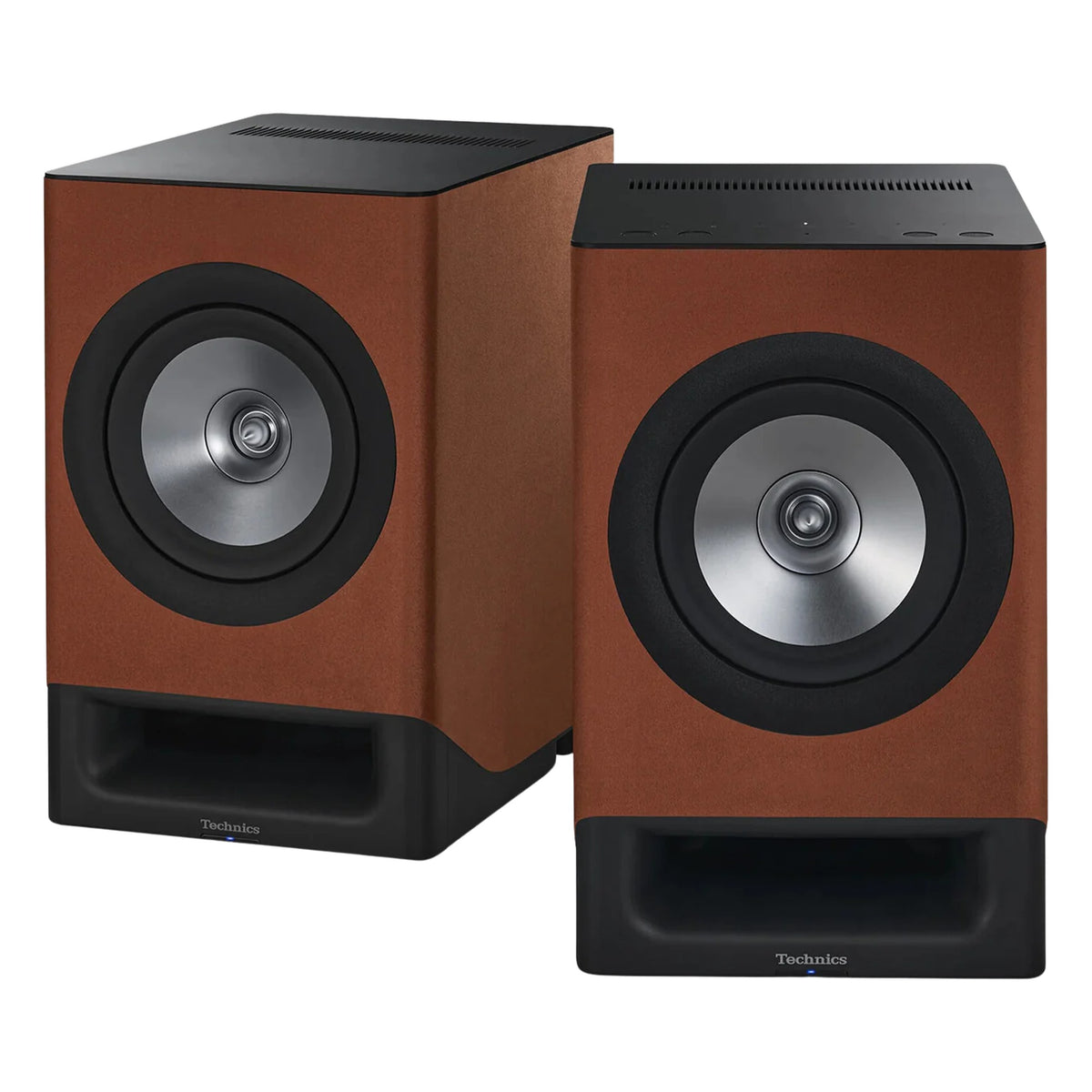 Technics SC-CX700 active bookshelf speakers with sleek black design and modern audio drivers for high-quality sound.