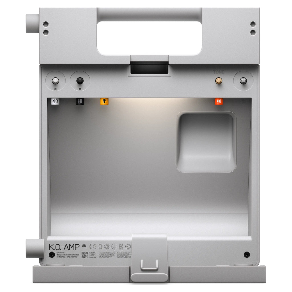 Teenage Engineering EP-35 K.O. AMP, rear storage compartment open with camp light