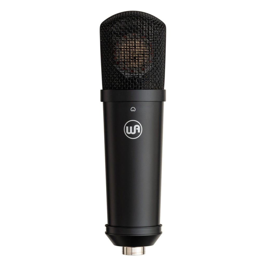 Warm Audio WA-87jr SE condenser microphone in black, front view showcasing its compact design and professional-grade build.