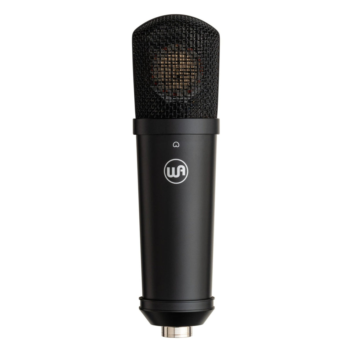 Warm Audio WA-87jr SE condenser microphone in black, front view showcasing its compact design and professional-grade build.