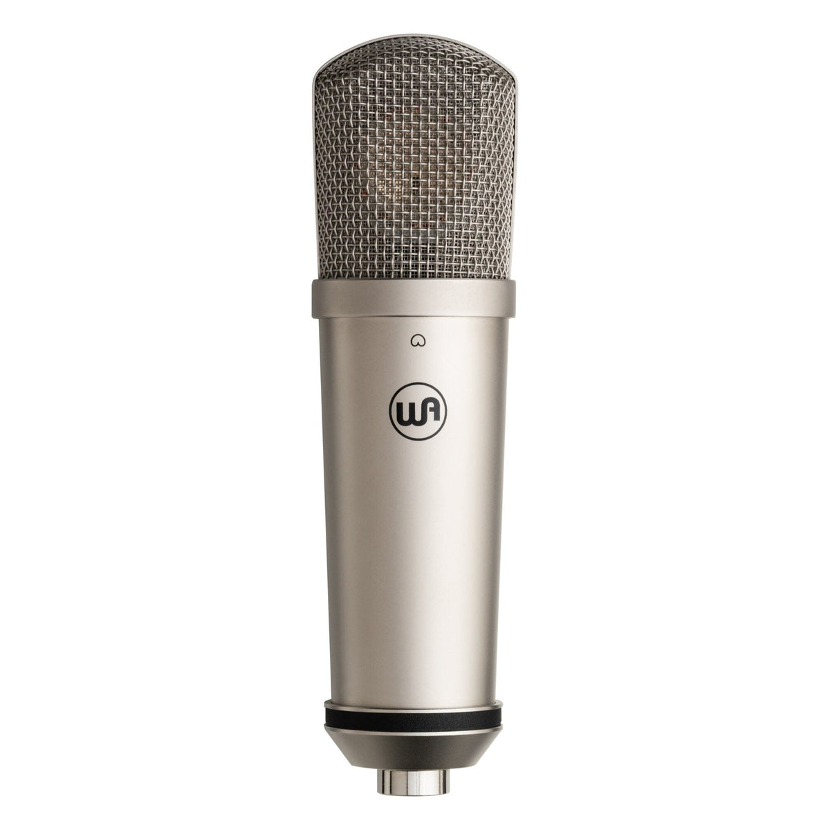 Warm Audio WA-87jr SE condenser microphone with nickel finish, front view showcasing its sleek design and professional build.