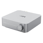 WiiM AMP music streamer device with sleek design, front display, and control buttons, designed for high-quality audio streaming.