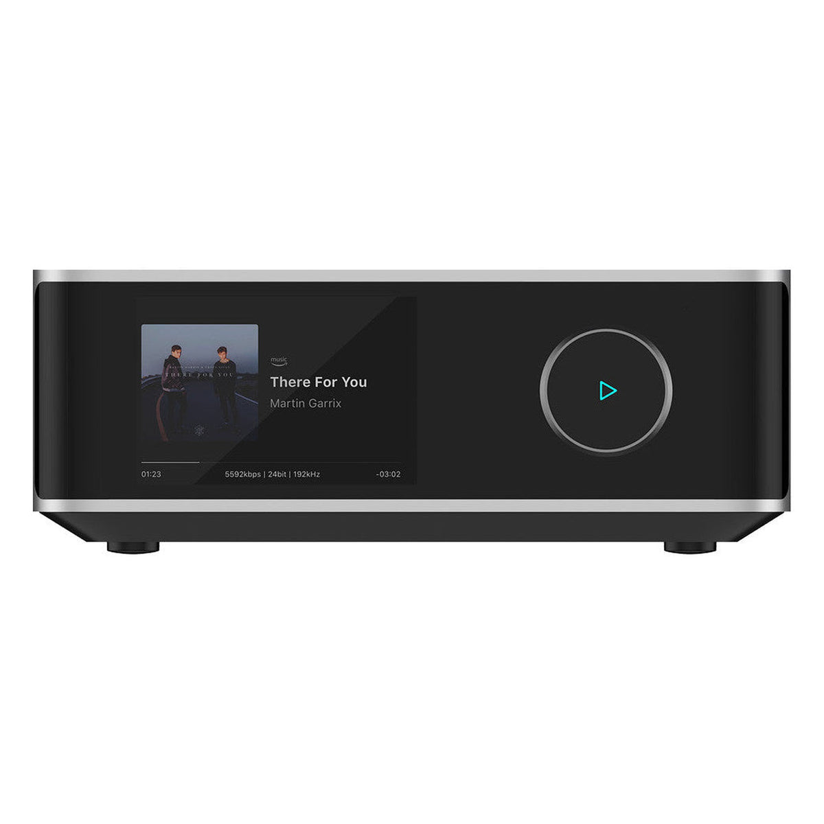 WiiM Amp Ultra silver stereo amplifier with all-in-one audio system design, featuring multiple input options and sleek modern look.