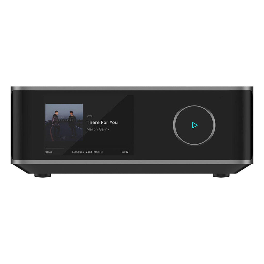 WiiM Amp Ultra stereo amplifier with sleek design and multiple input ports, delivering premium audio performance.