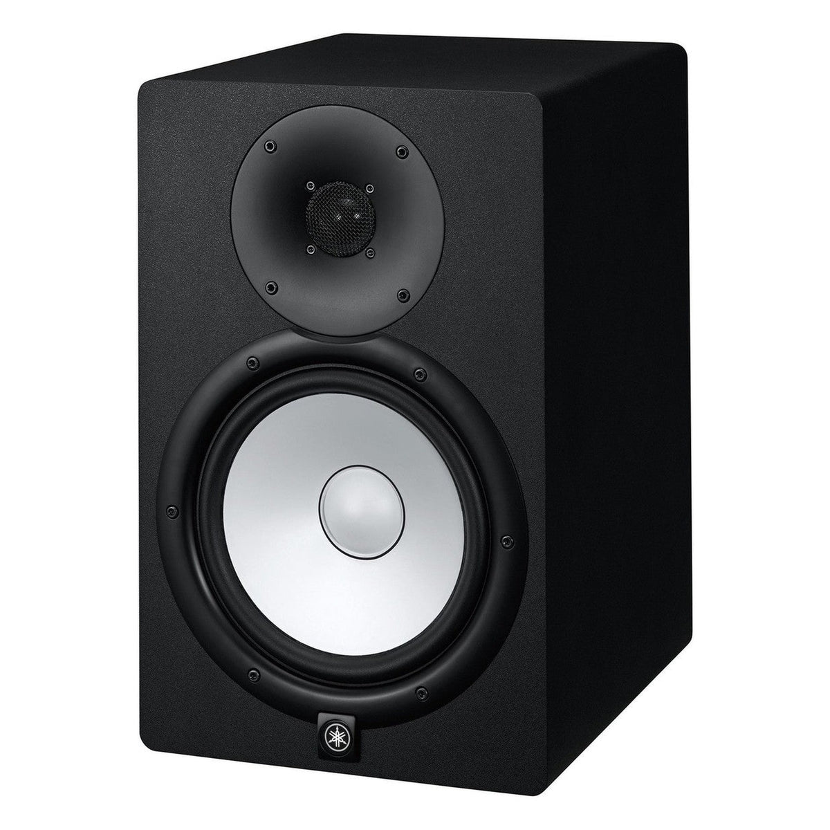 Yamaha HS8 studio monitors with white cones and black enclosures, designed for high-quality audio playback.