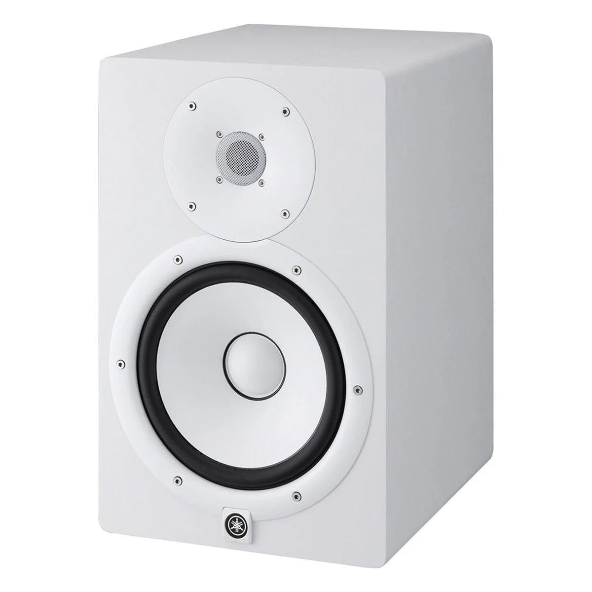 Yamaha HS8 studio monitors in white, featuring a sleek design and high-quality sound for professional audio mixing.